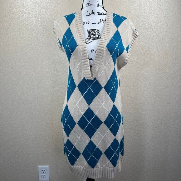 JJ Basics Light Brown long knit sweater/ dress blue checkers size XL academia - Picture 7 of 12